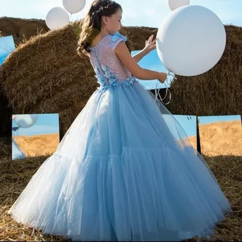 Yeni Aplike Tül Çiçek Kız Elbise Pageant İlk Communion Doğum Günü Balo elbisesi Prenses Bebek Hediyeleri Parti Çocuk