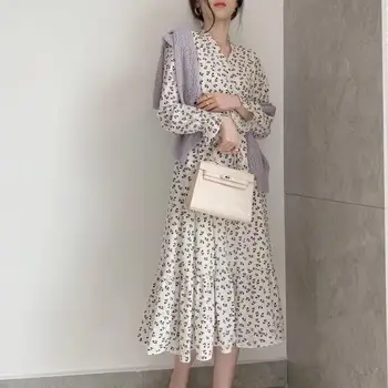 Yeni Varış Bahar Yaz Sonbahar Sonbahar Pist Vintage Çiçekli Baskı Yaka Uzun Kollu Kadın Bayanlar Parti Casual A-Line Maxi Elbise