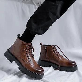 Yeni Vintage İngiliz Erkek Botları Bahar Sonbahar deri ayakkabı Takım yarım çizmeler Açık Çalışma Platformu Çizmeler Dantel-up Yuvarlak Ayak