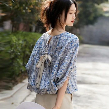 Zarif Bluzlar Kadınlar Vintage Yay Bandaj Baskı Gömlek Ofis Bayan Yaz Kore Batwing Kollu Rahat Tüm Maç Chic Tops