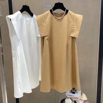 Şık Uçan Kollu Kadın Elbise Kore Tatlı O-boyun Vestidos Femme 2021 Yeni Rahat Katı A-line Elbiseler