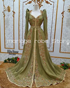 Adaçayı Yeşil Kaftan Cezayir Balo Durum Elbise Uzun Kollu Boncuklu Nakış Aplike gece elbisesi Fas Kaftan robesoiree