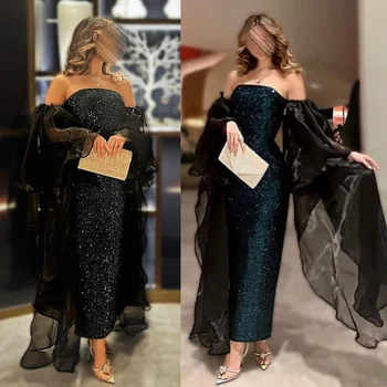 Suudi Arapça Glitter Sequins Straplez balo kıyafetleri Kaldırmak Siyah Organze Kollu Ayak Bileği Uzunluğu Örgün Abiye giyim فساتين السهرة